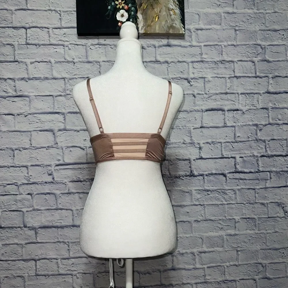 Victoria Secret Bra Strappy Mesh nude long line Satin beige sheer bralette Small
